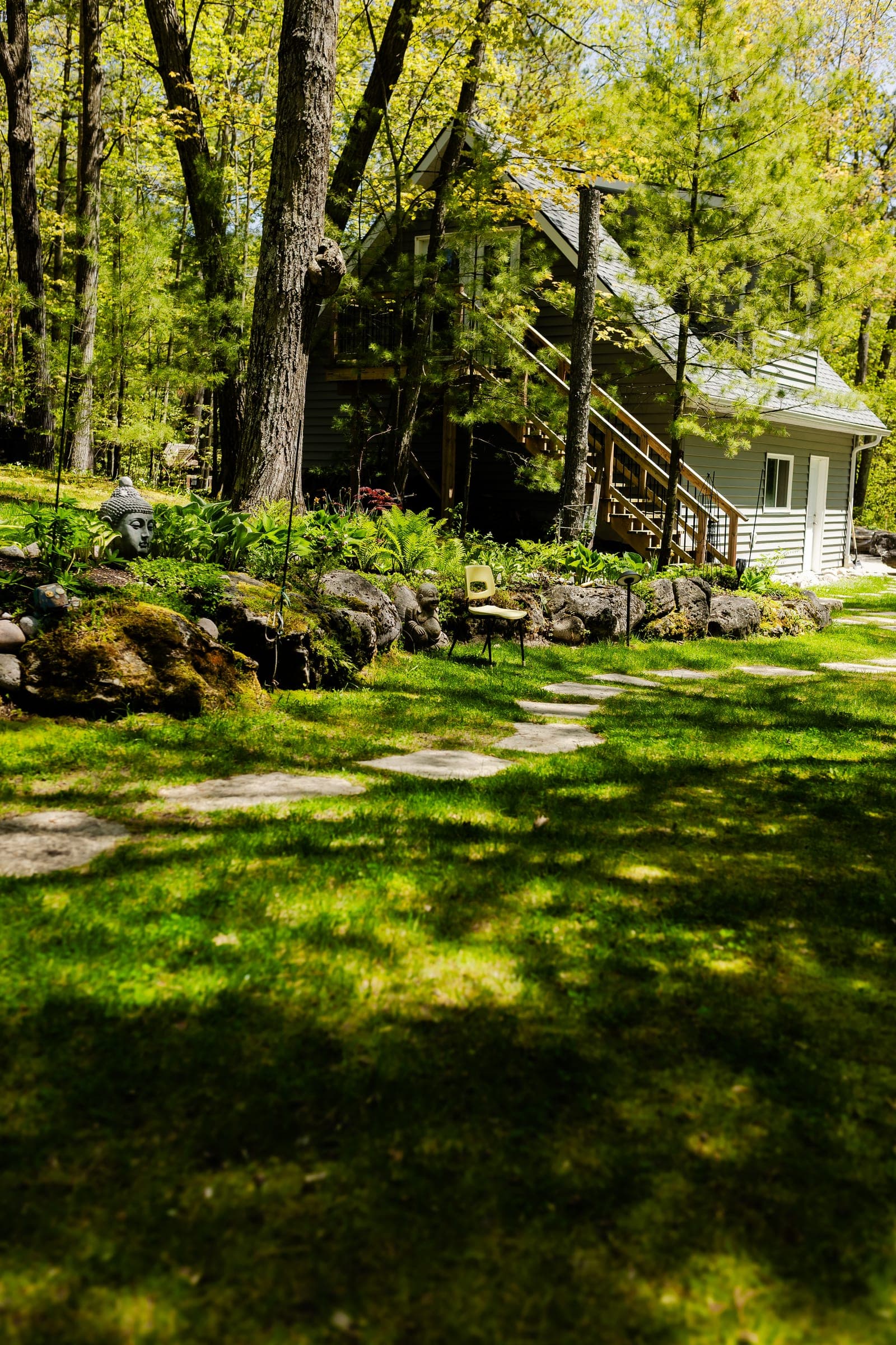 Outdoor stone work and finished yard on a Georgian Bay property